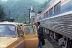 Crew hauler meets Amtrak 66, Hilltopper, at Iaeger